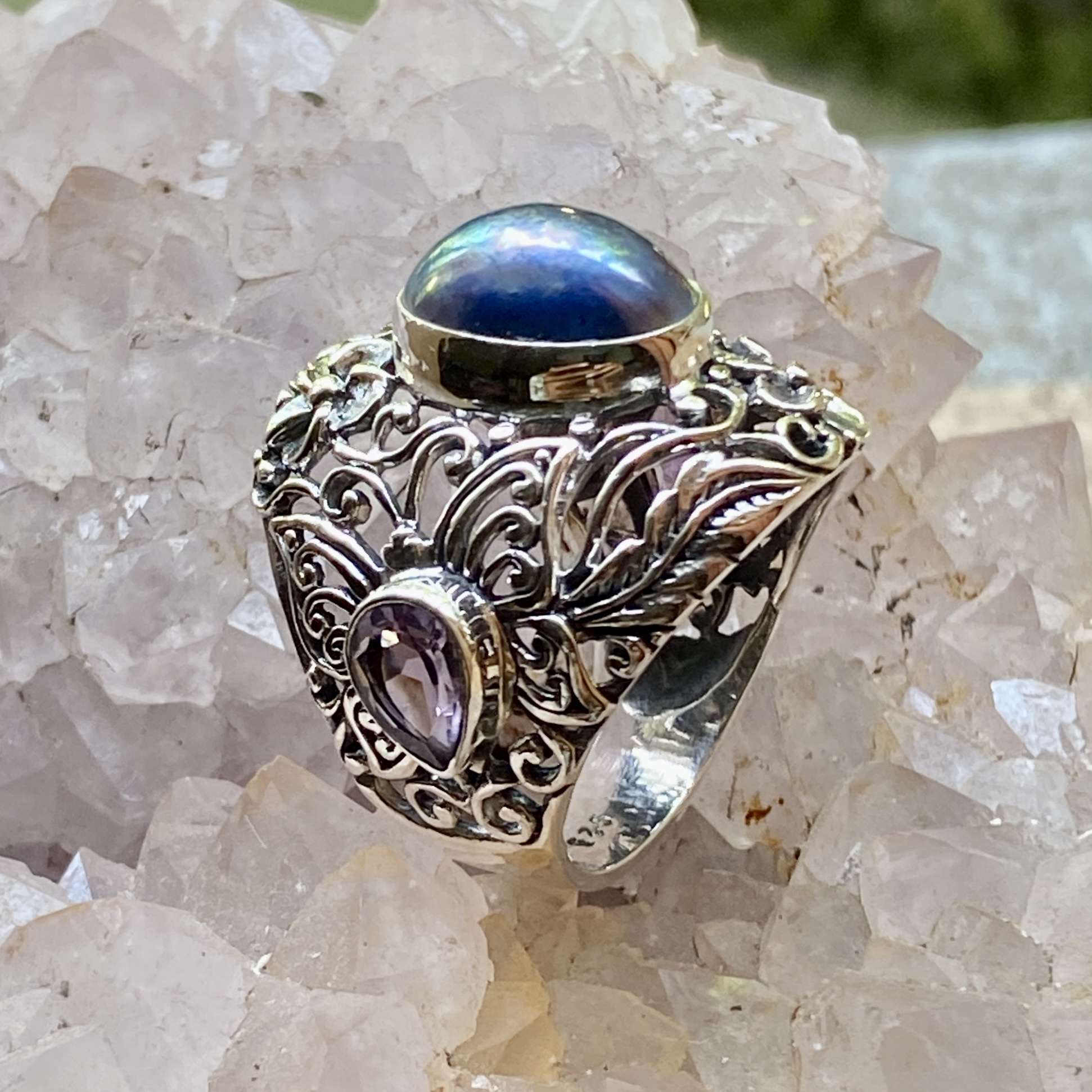 (UNIQUE BALI 925 SILVER BUTTERFLY RING WITH BLUE MABE PEARL)